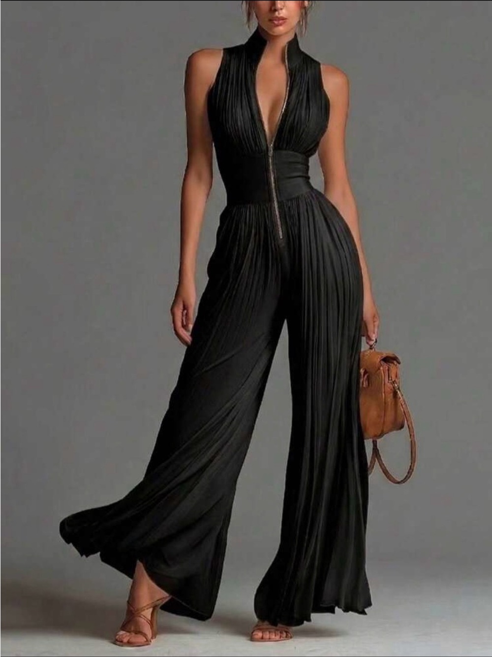 Black Sleeveless Wide-Leg Zip Front Jumpsuit